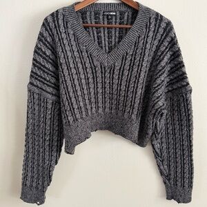 Fashion Nova Gray Cable Knit Cropped Sweater Distressed Hem 1X . Oversized